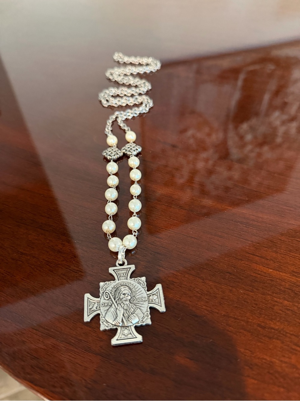 NWT - Silver-Tone Cross Pendant Necklace with White Faux Pearl Beads